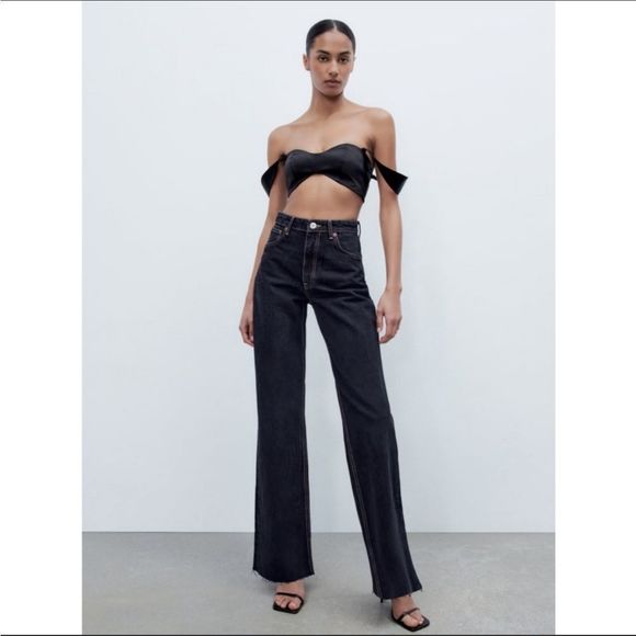 Zara Denim - NWT Zara Wide Leg Raw Hem High Waisted Dark Wash Jeans 2